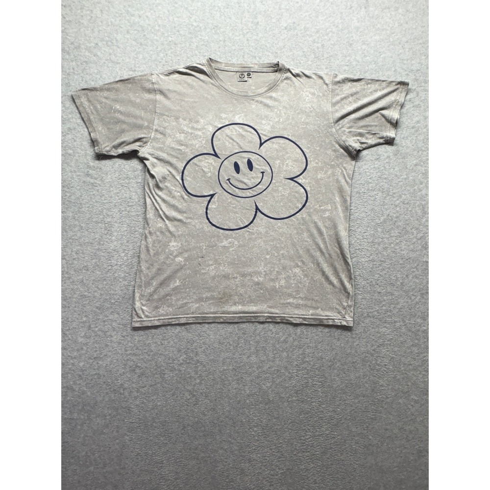 Lagaci Grey Mineral Wash Smiley Flower Graphic Tee Shirt Mens Medium J2200